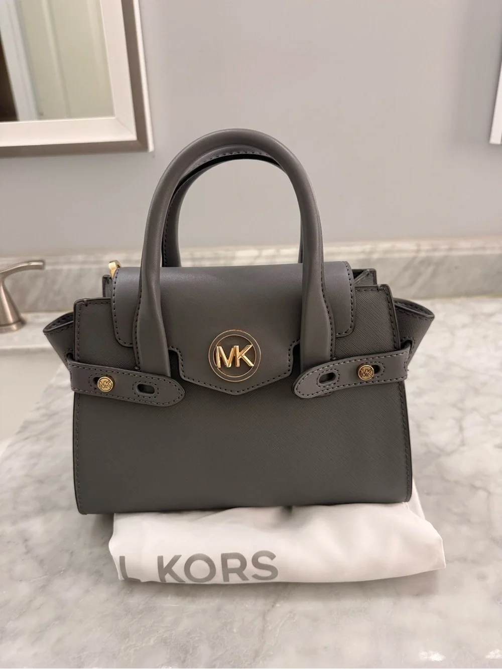 Michael Kors Dark Gray Saffiano Leather Mini Satchel with Gold Hardware